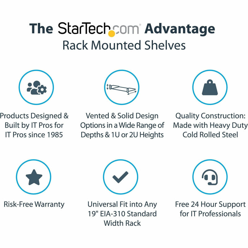 StarTech.com rack shelf advantages infographic showing key features and benefits