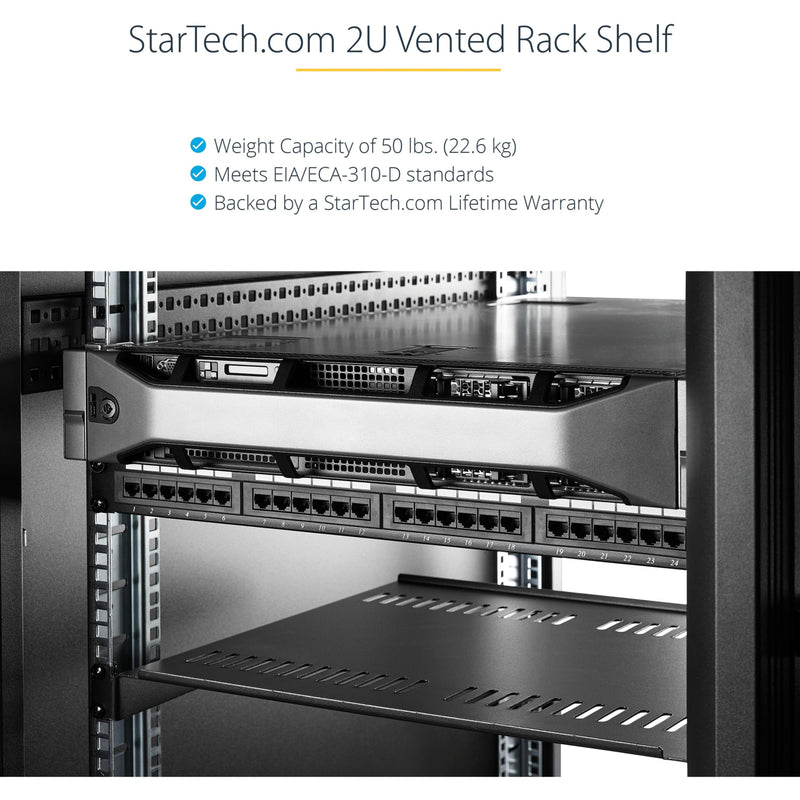 Rack shelf installed in server cabinet showing weight capacity and compliance features