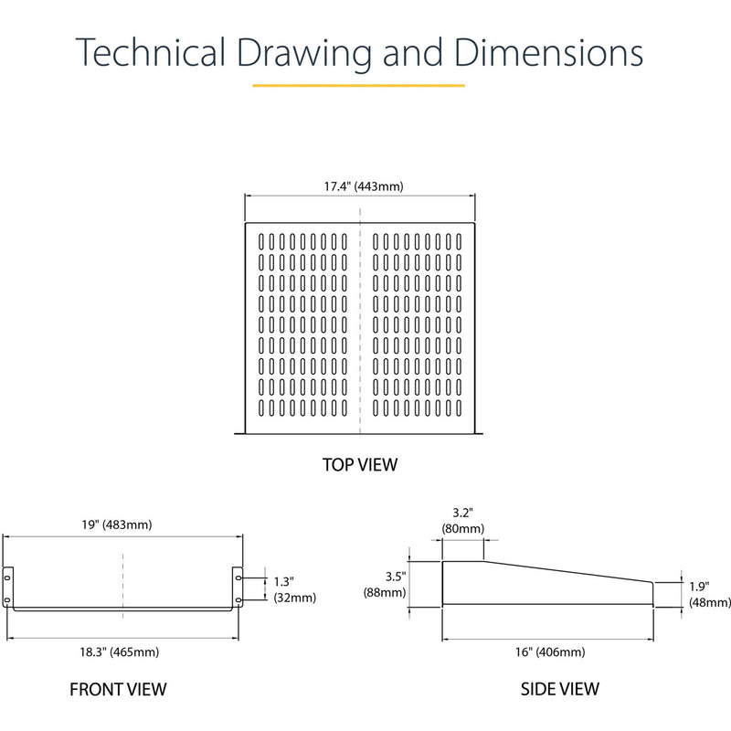 Technical drawing showing detailed dimensions of the rack shelf