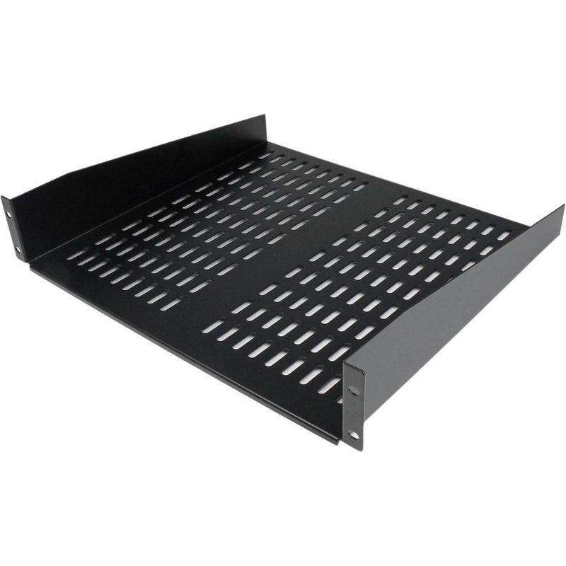 Black vented rack shelf with uniform ventilation holes across the surface