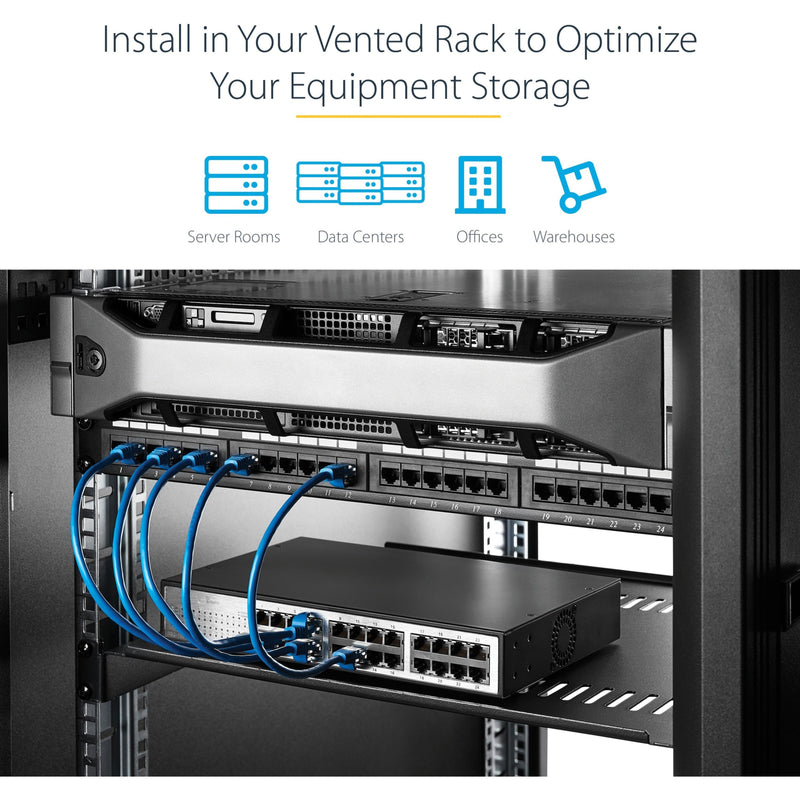 Rack shelf installed with network switches and cable management