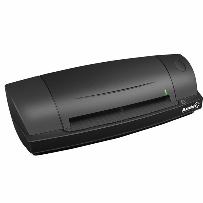 Ambir DS687-A3P duplex ID card scanner shown in matte black finish with green status LED indicator-alternate-image1