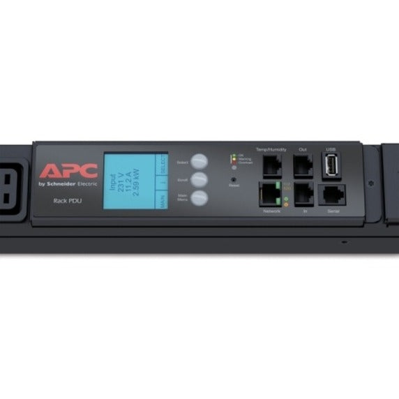 Close-up of PDU digital display and network management ports