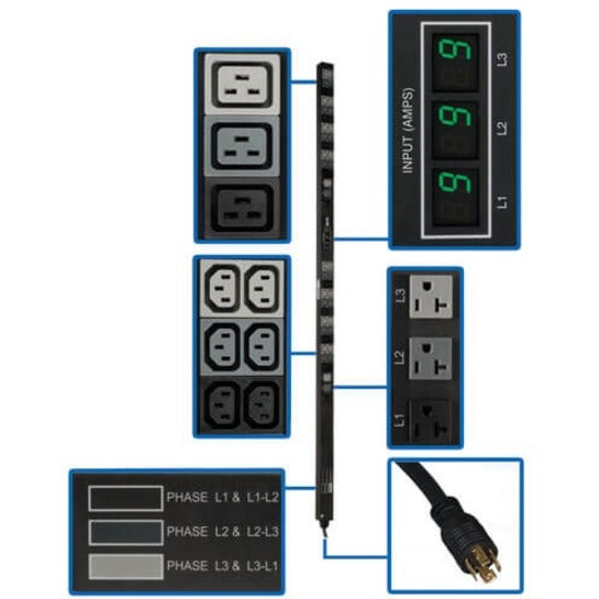 ट्रिप्लाइट PDU3MV6L2120 3-चरण मीटर किया गया PDU 5700W 230V AC इनपुट 208V AC/120V AC आउटपुट