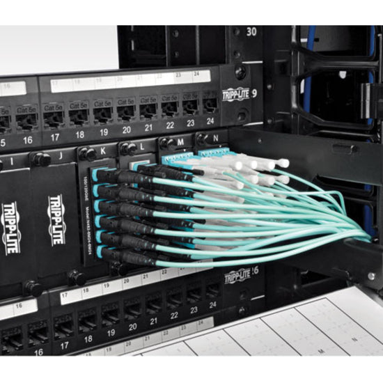 Multiple MTP/MPO cables installed in a data center rack showing organized cable management