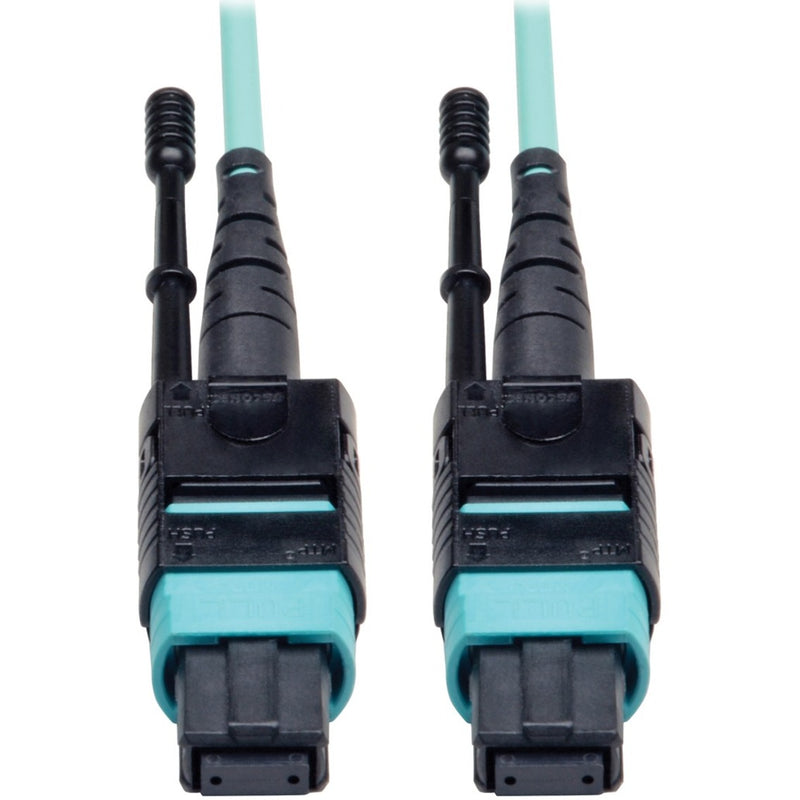 Close-up view of MTP/MPO connectors on both ends of an aqua-colored fiber optic cable showing detailed connector design