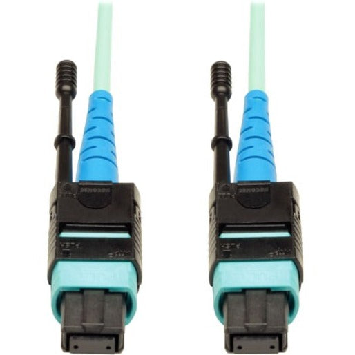 Close-up view of two MTP/MPO fiber optic connectors with aqua cables showing the push-pull tab design