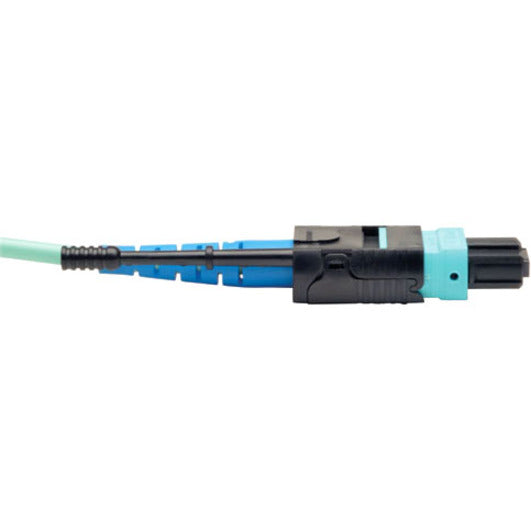 Side profile of MTP/MPO connector showing the push-pull tab mechanism and fiber cable construction