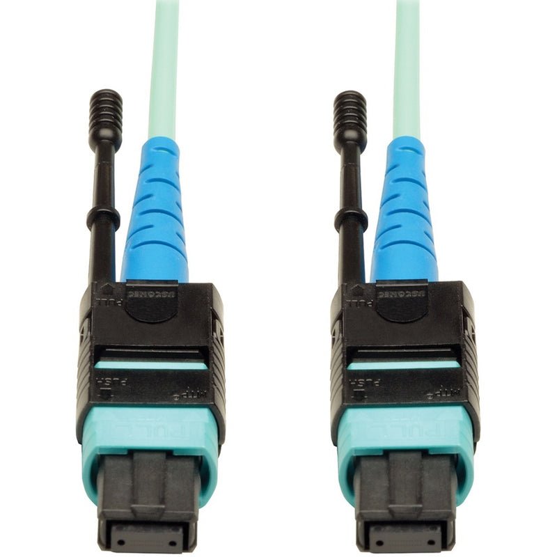 Close-up view of MTP/MPO fiber optic connectors with push-pull tabs and aqua cable jacket