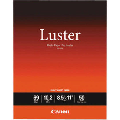 Canon Photo Paper Pro Luster package showing technical specifications on orange-red gradient background-alternate-image2