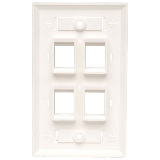 Angled perspective of white 4-port keystone faceplate showing port arrangement and mounting details