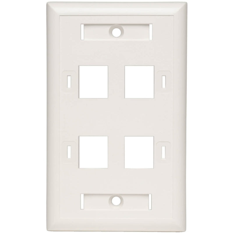 Front view of Tripp Lite 4-port white keystone faceplate showing four square port openings and mounting holes