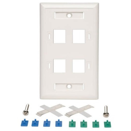 White keystone faceplate with included mounting hardware, screws, and port identifiers