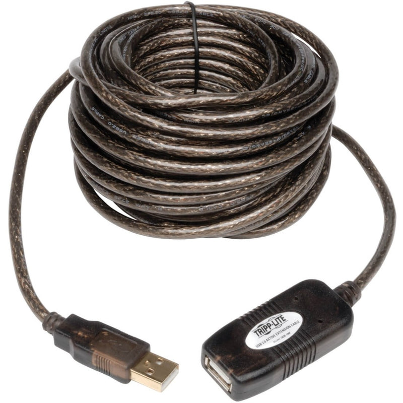 Tripp Lite 10-meter USB 2.0 active extension cable with signal booster, coiled view showing USB-A male to female connections