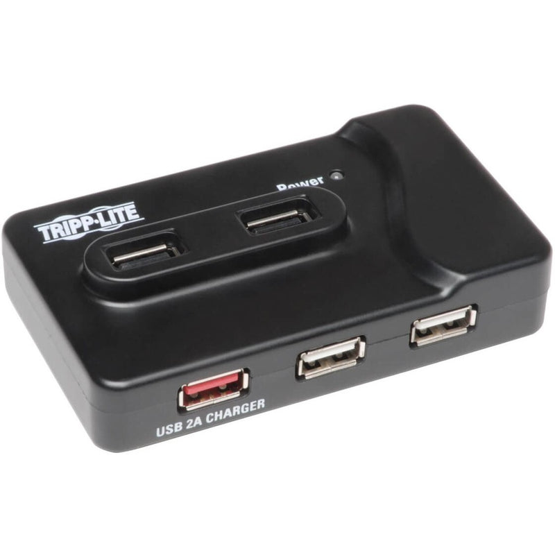 Tripp Lite U360-412 USB hub showing multiple USB ports and 2A charging port in black casing