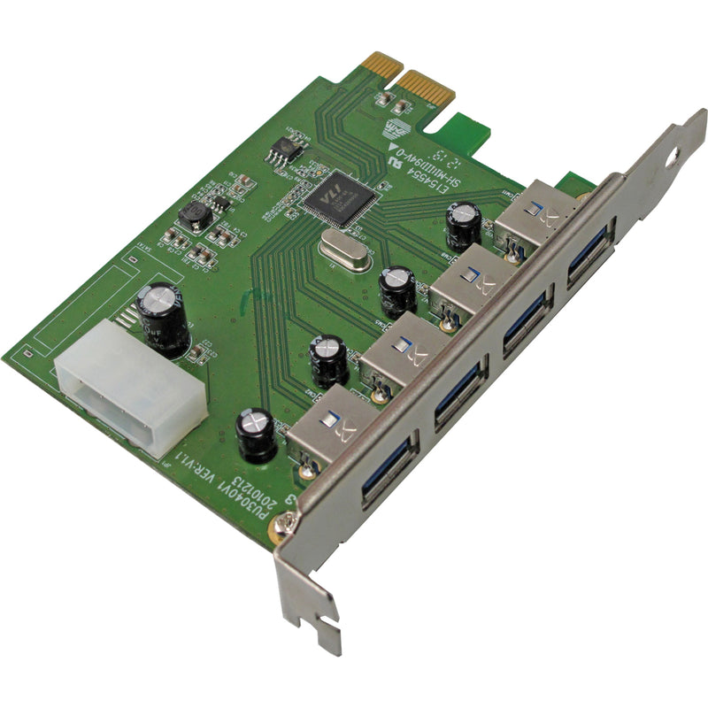 Top-down view of VisionTek USB 3.0 PCIe expansion card showing green circuit board with four USB ports and internal components