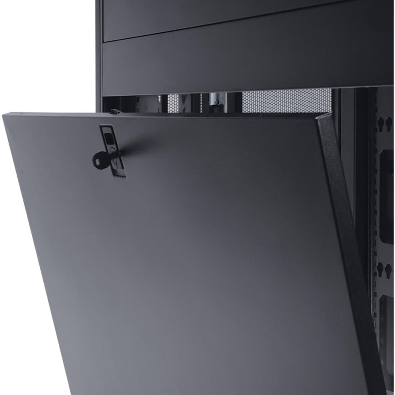 Tripp Lite SR48SIDE SmartRack side panel showing key-locking latch mechanism in black finish-alternate-image1