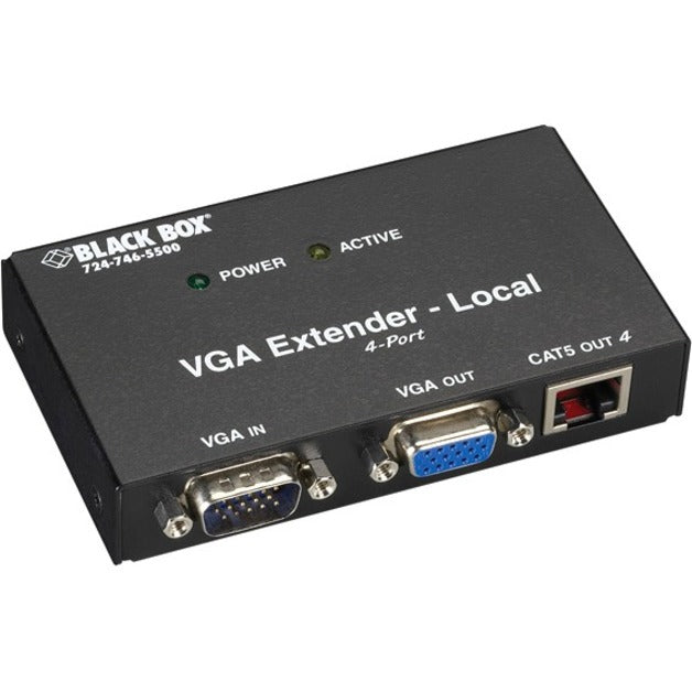 Front view of Black Box VGA Transmitter showing VGA input/output ports, status LEDs, and CAT5 output port