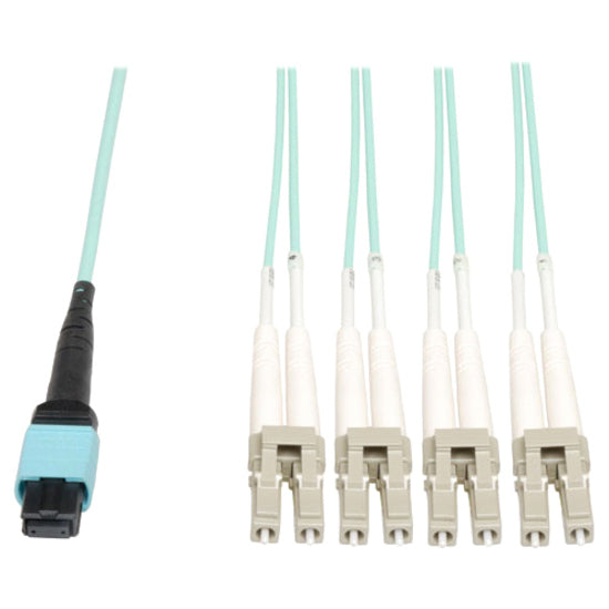 Tripp Lite 3M MTP/MPO to 8x LC fan-out fiber optic cable with aqua jacket and white connectors