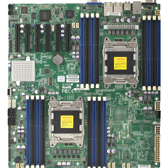 Overhead view of Supermicro X9DRD-EF server motherboard showing dual CPU sockets, 16 blue DDR3 DIMM slots, and multiple PCI Express expansion slots on green PCB-alternate-image1