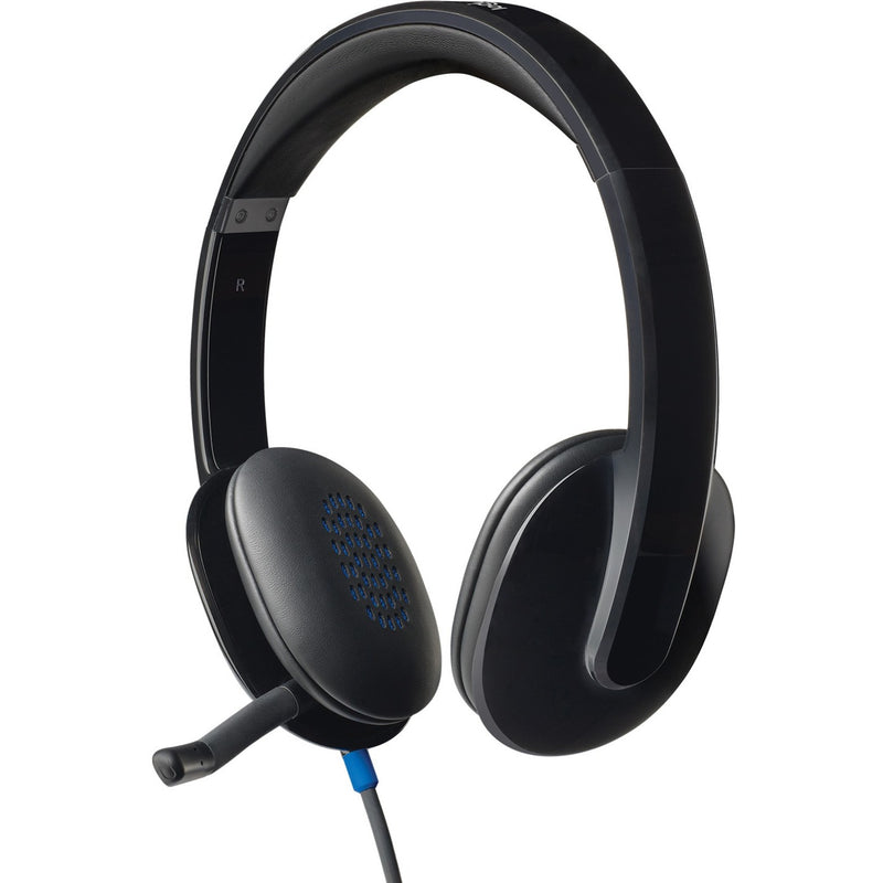 Angled view of Logitech H540 headset showing microphone and ear cup design