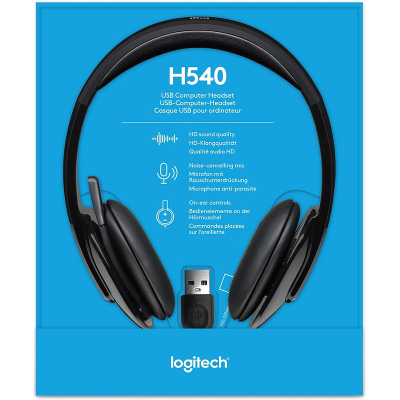 Product packaging of Logitech H540 USB headset with feature highlights