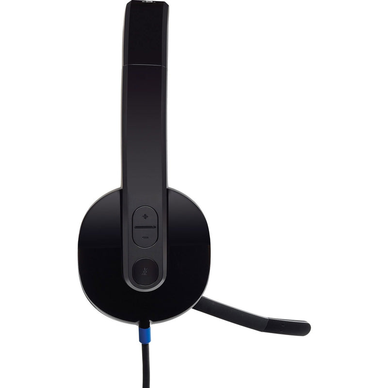 Side view of Logitech H540 headset highlighting on-ear controls and USB connection