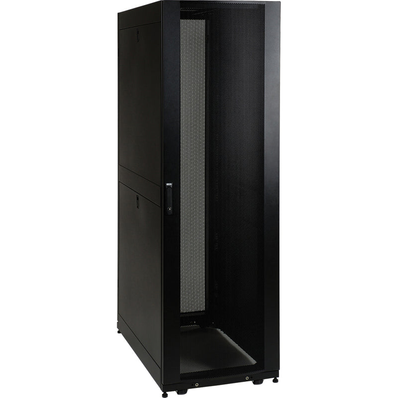 Angular view of SR45UBSD rack cabinet showing shallow depth design and pre-installed casters