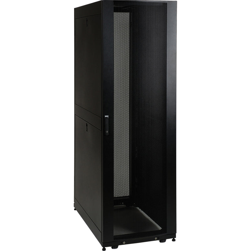 Front view of Tripp Lite SR45UBSD 45U rack enclosure showing perforated mesh door design and robust black frame construction