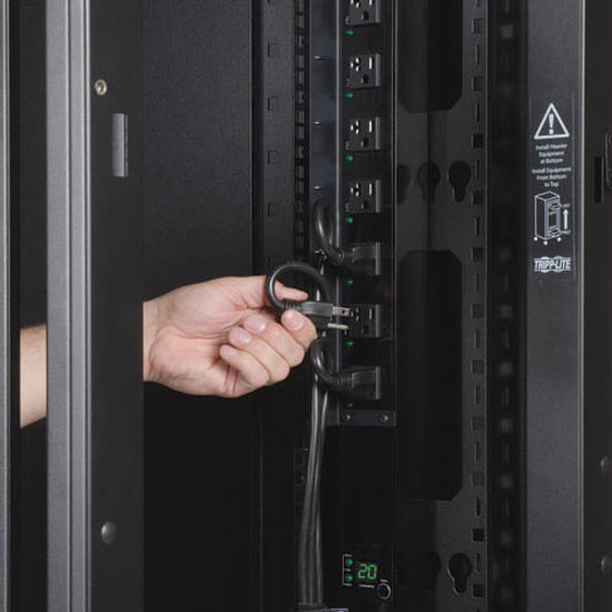 Close-up of power distribution mounting location with installed PDU