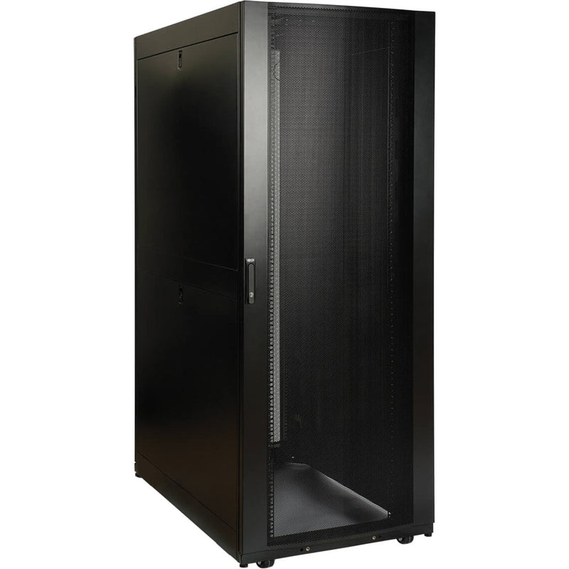 Front view of Tripp Lite SR45UBDPWD 45U rack enclosure cabinet showing perforated door and solid side panel