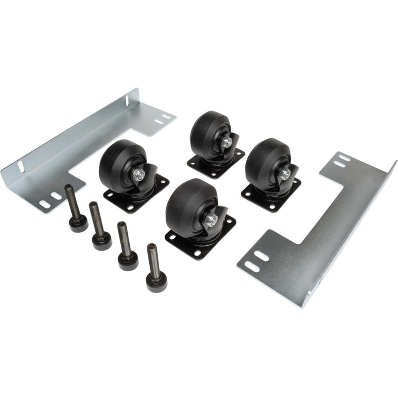 Tripp Lite heavy-duty caster kit components including four black casters, mounting brackets, and installation hardware laid out on white background