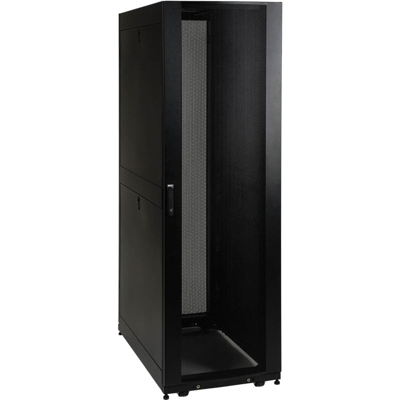 Front view of Tripp Lite SR42UB1032 42U server rack cabinet showing perforated mesh door and sturdy black frame construction