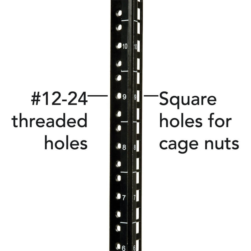 Close-up of mounting rail showing square holes and threaded hole pattern