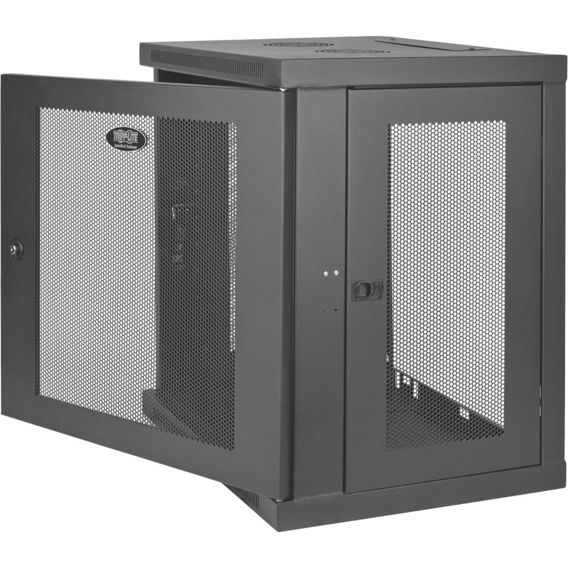 Side angle view of Tripp Lite SRW12U wall-mount enclosure showing corner installation capability