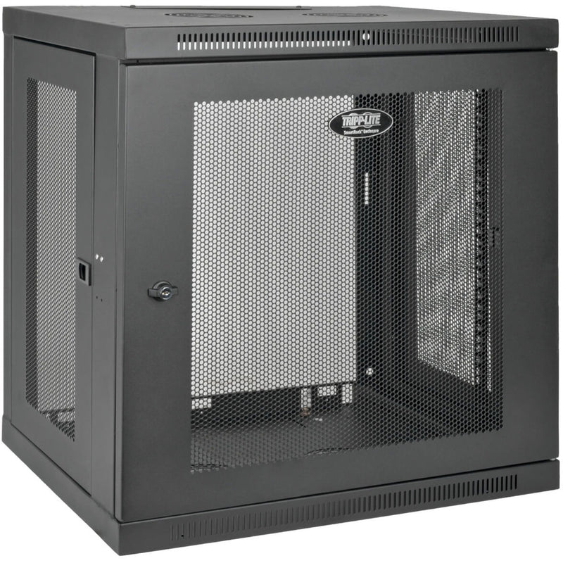 Front view of Tripp Lite SRW12U wall-mount rack enclosure showing ventilated mesh door and side panels