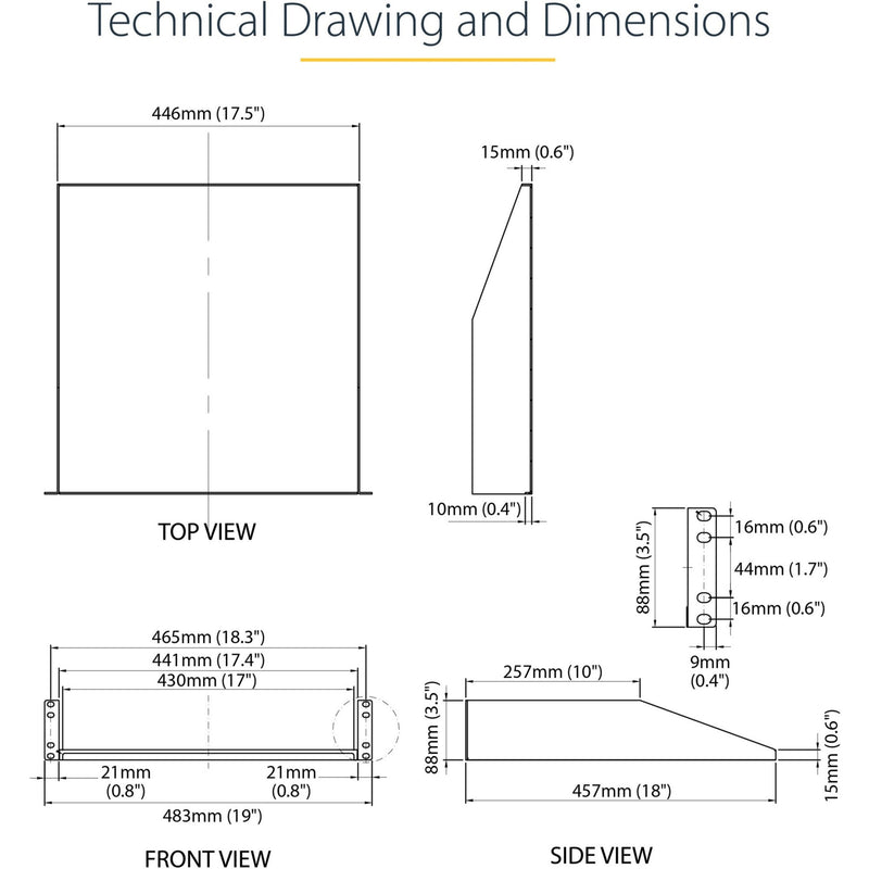 Technical drawing showing multiple views and detailed dimensions of the rack shelf