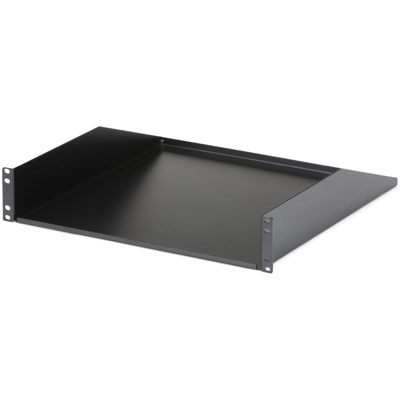 StarTech.com 2U black rack mount cantilever shelf shown from angled perspective