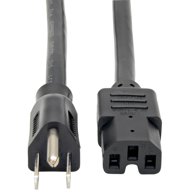 Close-up view of NEMA 5-15P and IEC C15 connectors on Tripp Lite heavy-duty power cord