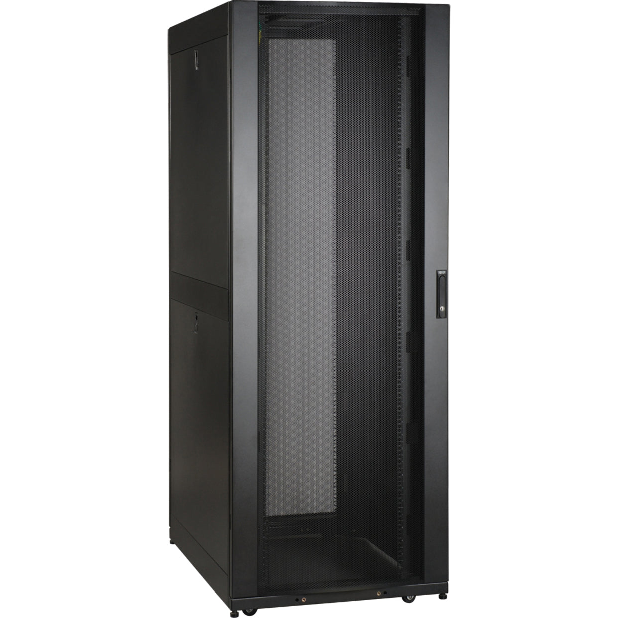 Front view of Tripp Lite SR48UBWD 48U wide rack enclosure showing perforated mesh door and robust black frame construction-alternate-image1