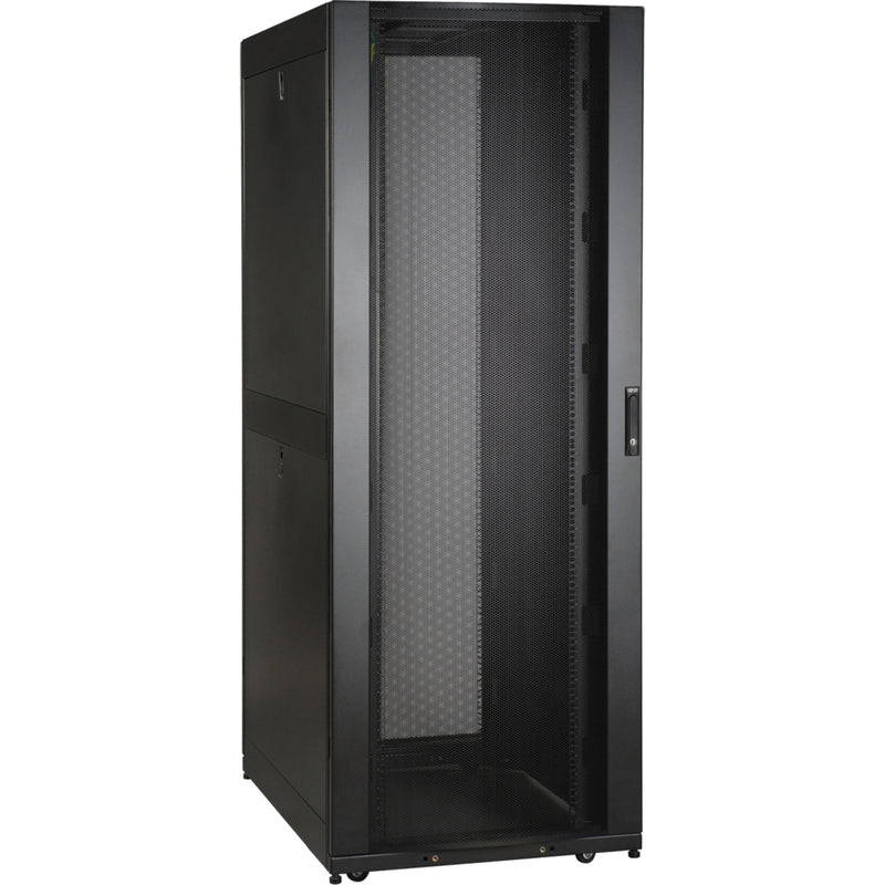 Front view of Tripp Lite SR48UBWD 48U wide rack enclosure showing perforated mesh door and robust black frame construction