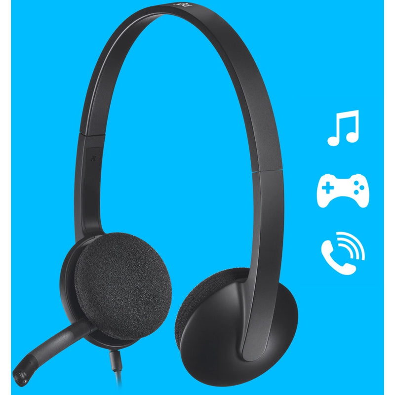 Logitech H340 headset with usage icons showing music, gaming, and calling compatibility