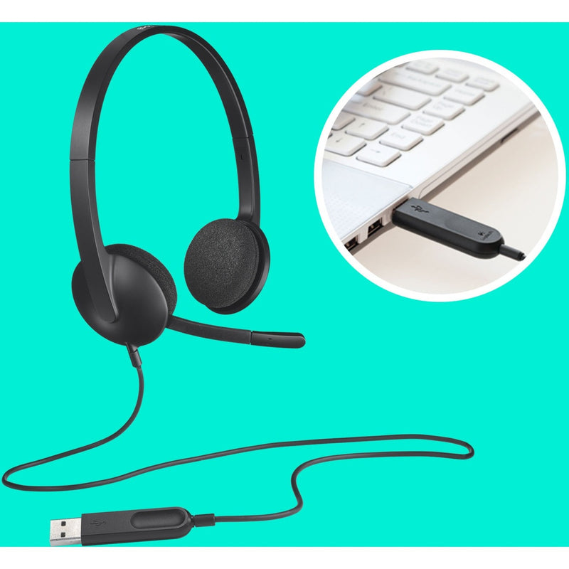 Logitech H340 headset with USB connector and laptop integration demonstration