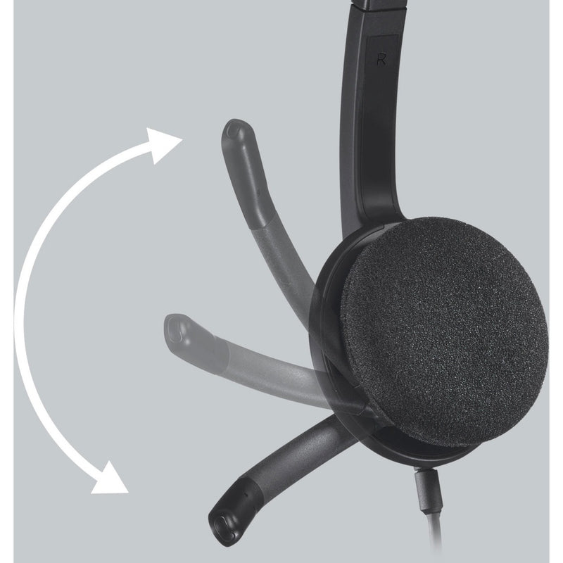 Close-up of Logitech H340 adjustable boom microphone with movement indication