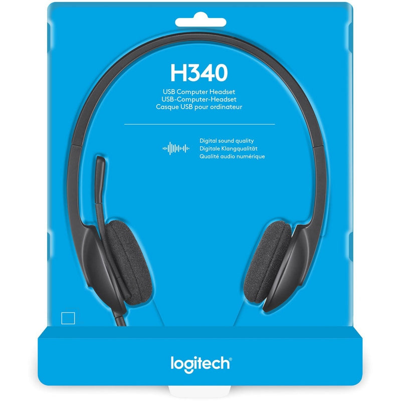 Logitech H340 USB headset retail packaging showing product features and specifications