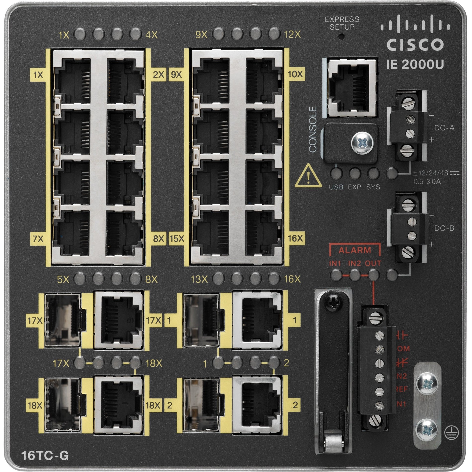 Close-up view of Cisco IE-2000-16TC-G-E switch front panel showing 16 Ethernet ports, SFP slots, console port, and power connections-alternate-image1