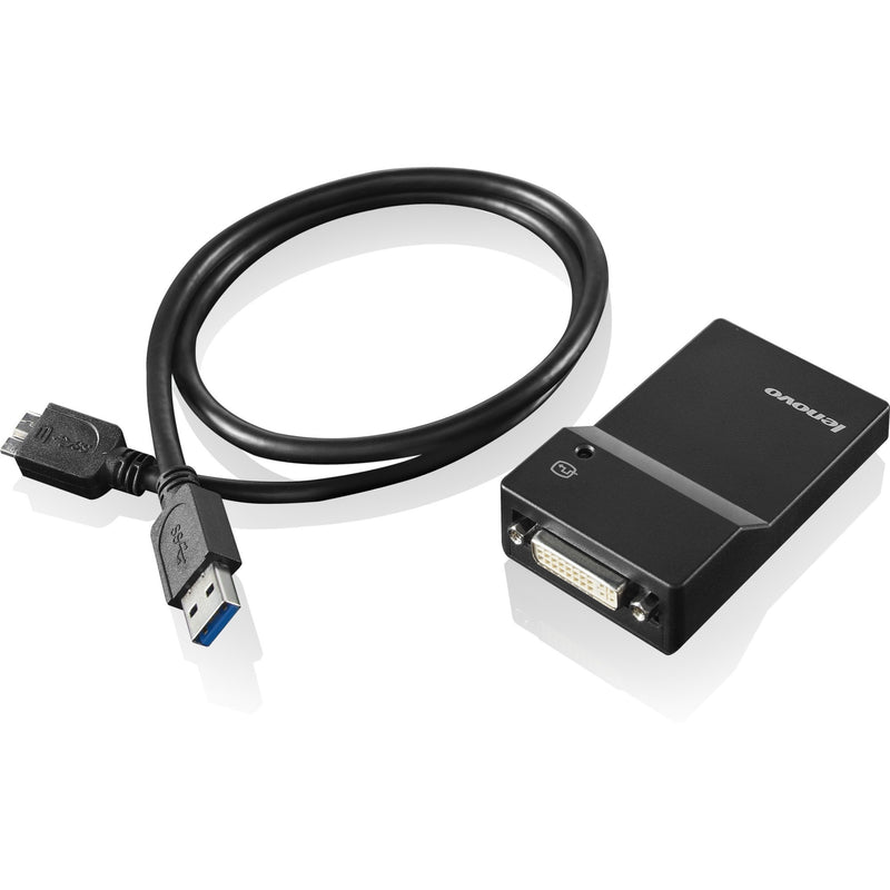 Lenovo USB 3.0 to DVI/VGA graphic adapter showing black external adapter unit with connecting cable