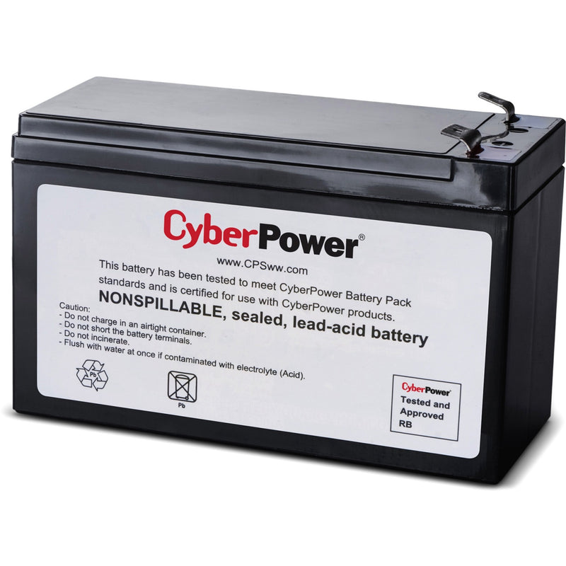 CyberPower RB1280 UPS replacement battery showing safety information and recycling symbols on white label