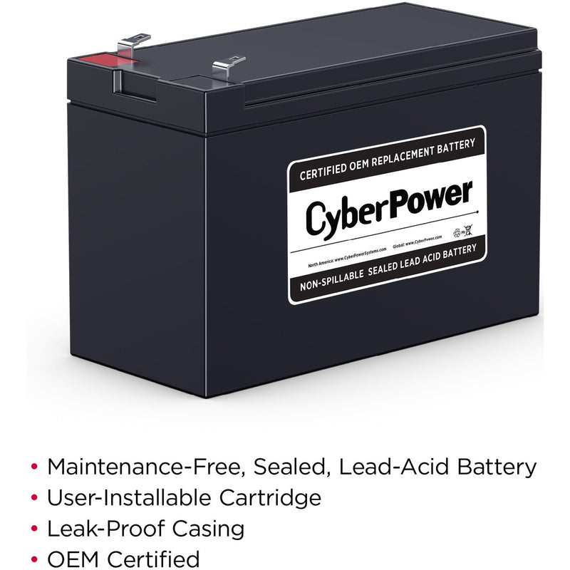 CyberPower RB1280 battery with highlighted feature list including maintenance-free design and OEM certification