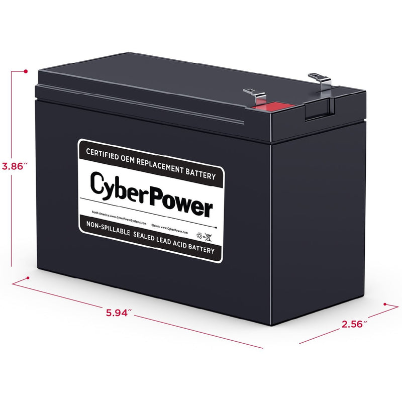 Dimensional diagram of CyberPower RB1280 battery showing exact measurements